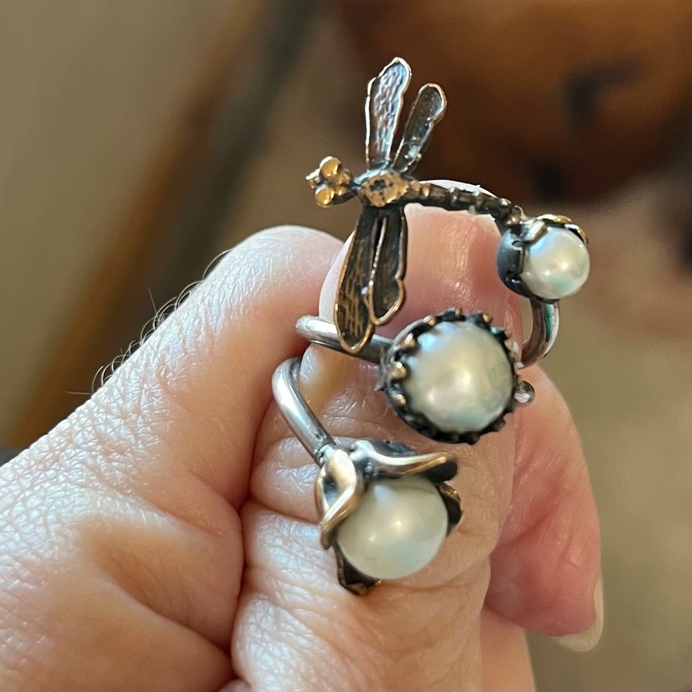 Artisan Dragonfly & Pearl Vintage Ring Silver Gold Art Nouveau Ornate Statement